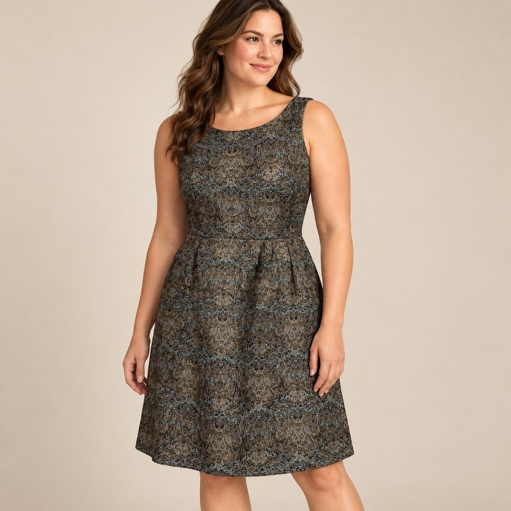 Michael Kors Metallic Paisley Fit & Flare Dress Blue Brown Size 10
